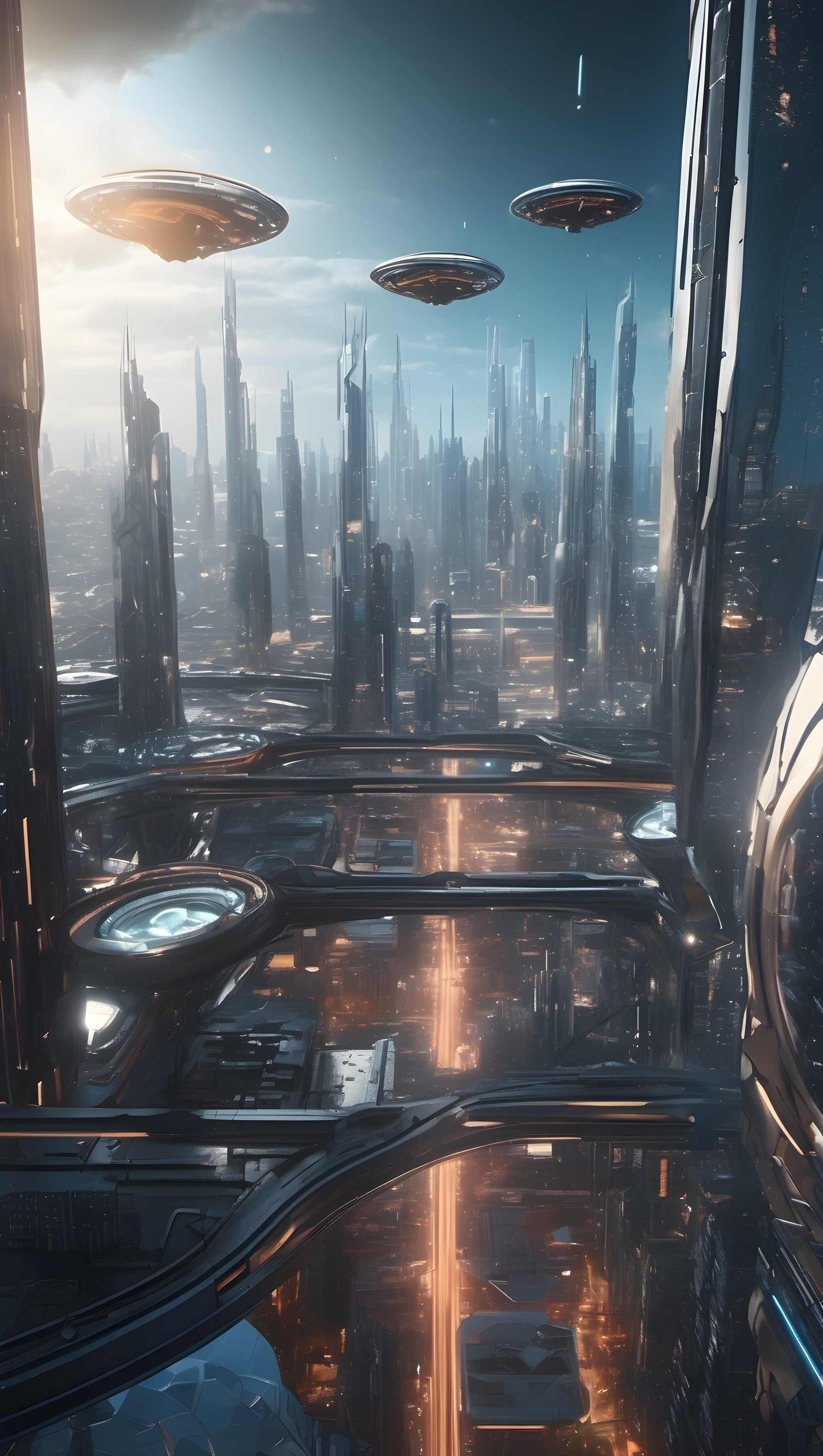 Sci-Fi City Utopia with Flying Discs Wallpaper, futuristic city, sci-fi, ufo, flying saucer, cyberpunk, metropolis