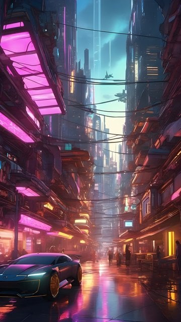 Vibrant Cyberpunk City Night: Futuristic Car, Neon Glow