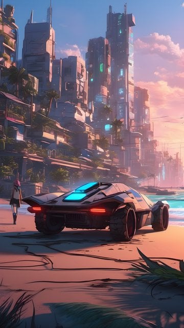 Futuristic Beach Sunset with Sci-Fi Car & Cityscape
