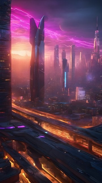 Neon Cyberpunk Cityscape with Lightning Storm