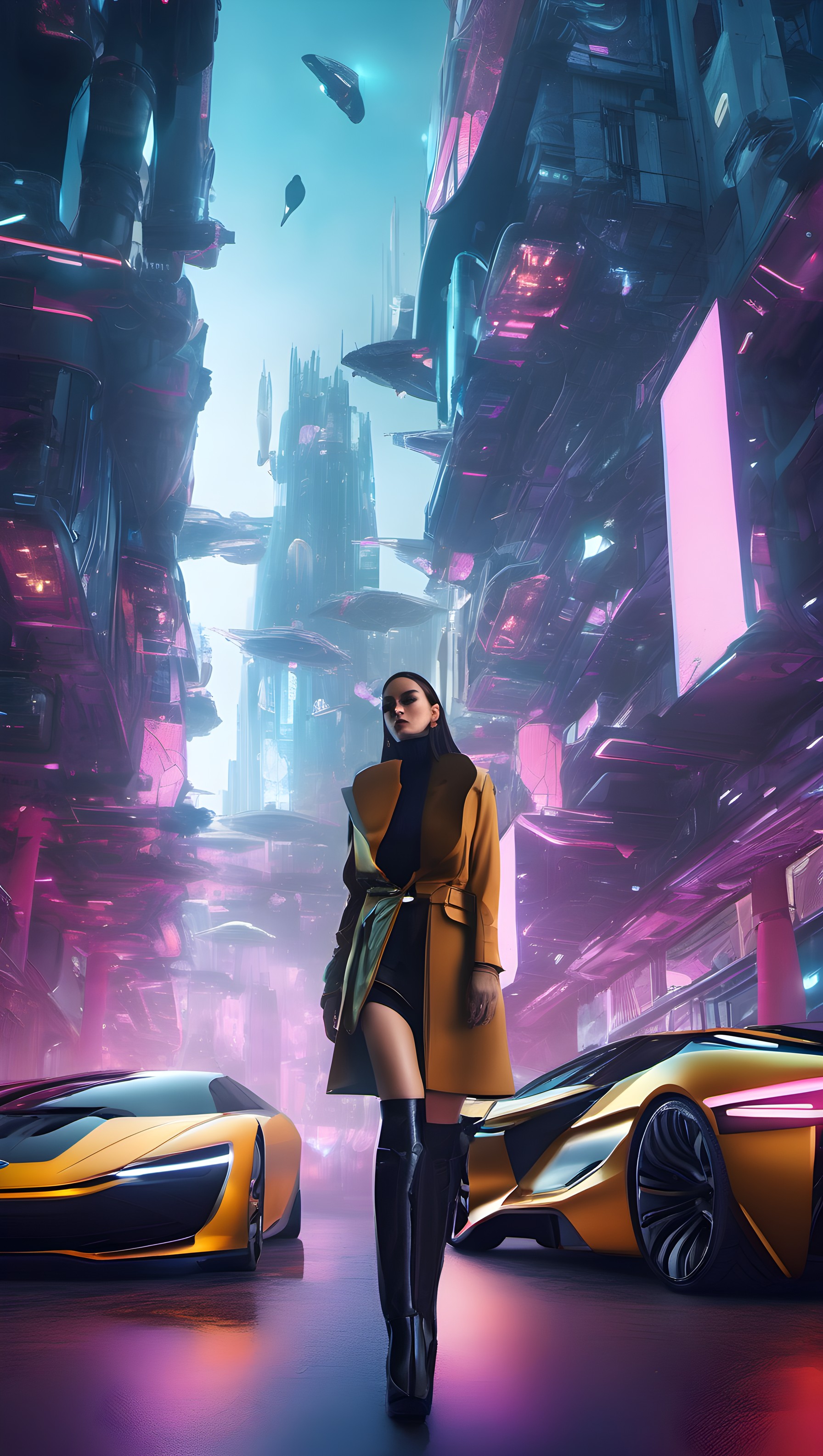 Futuristic City Neon Glow Woman & Cyber Cars Wallpaper, cyberpunk, futuristic, neon city, sci-fi, urban fashion, sports cars