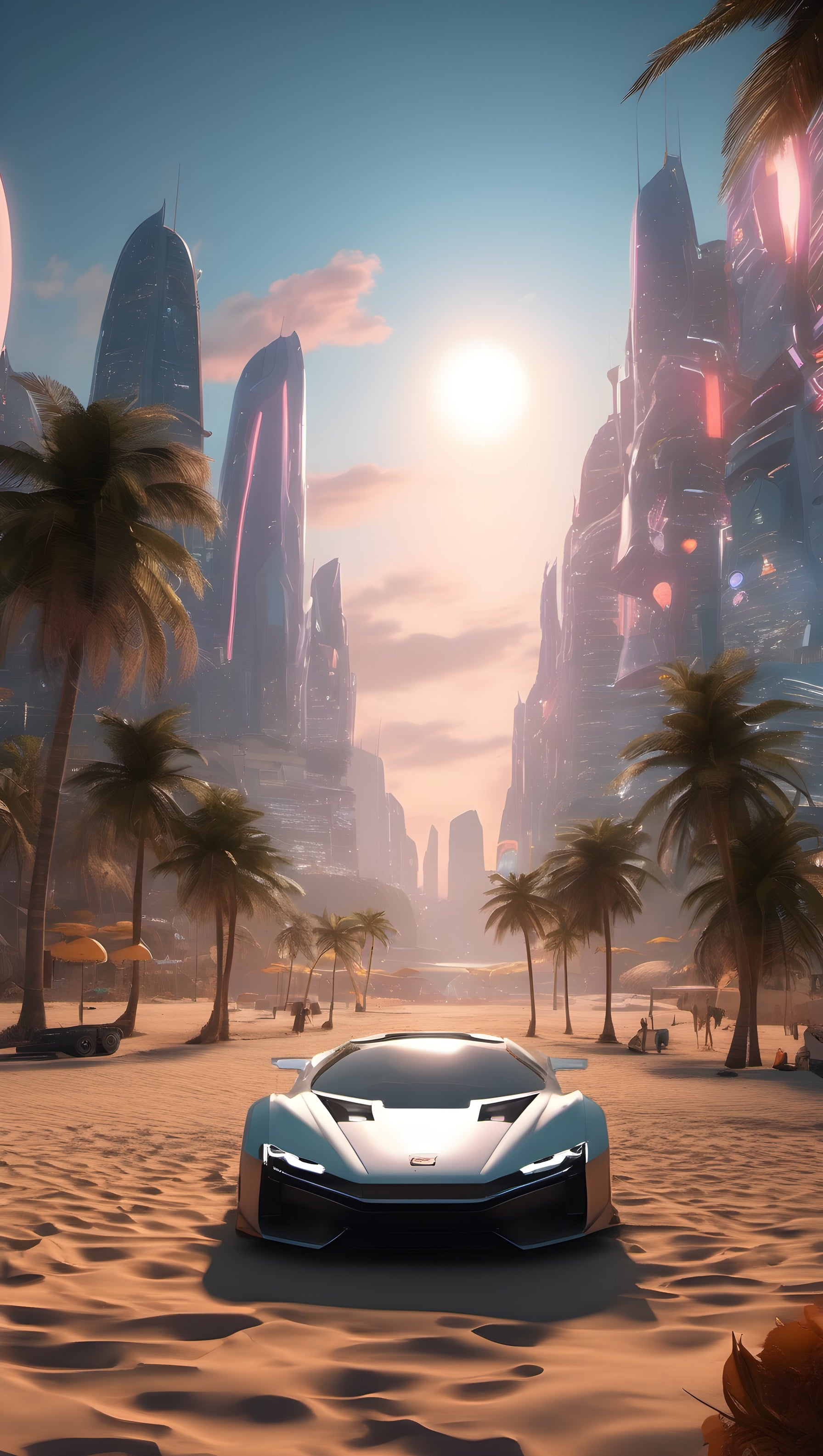Futuristic Car Beach Sunset with Cyberpunk City, futuristic car, sci-fi city, beach sunset, palm trees, cyberpunk, modern luxury