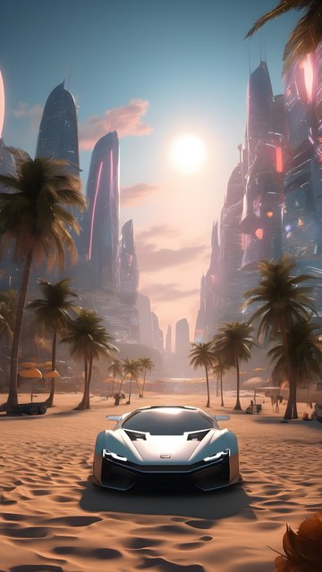 Futuristic Car Beach Sunset with Cyberpunk City