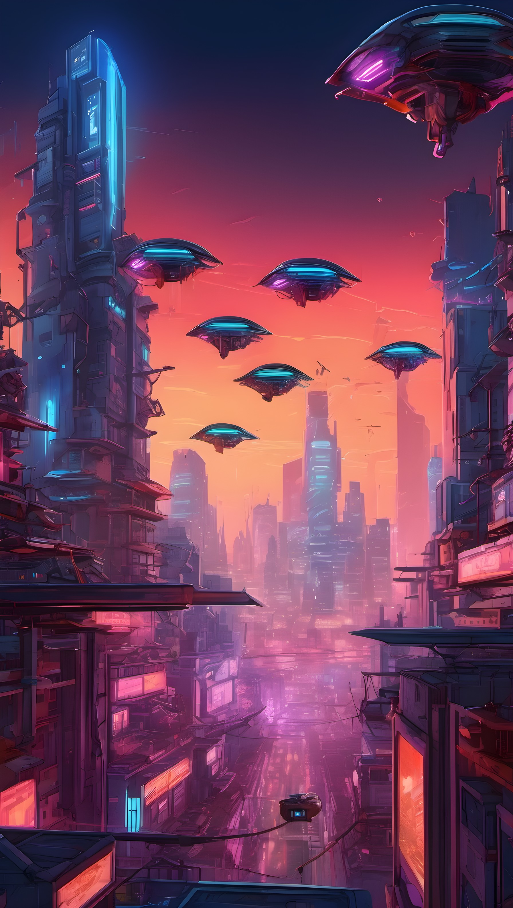 Futuristic Neon Cityscape with Flying UFOs at Dusk, futuristic, cyberpunk, ufo, flying saucer, cityscape, neon