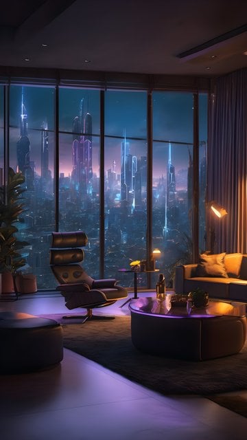 Cyberpunk City Night View Luxury Penthouse Apartment