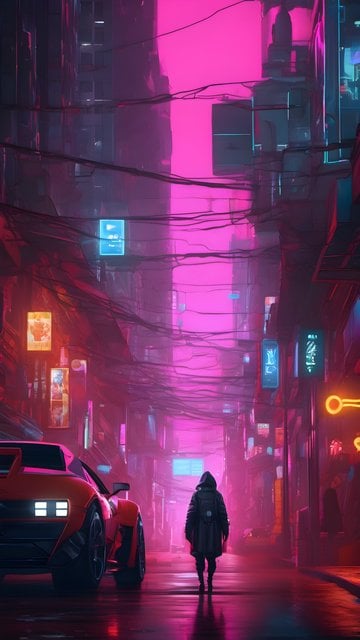 Vibrant Cyberpunk Street: Hooded Figure & Neon Car