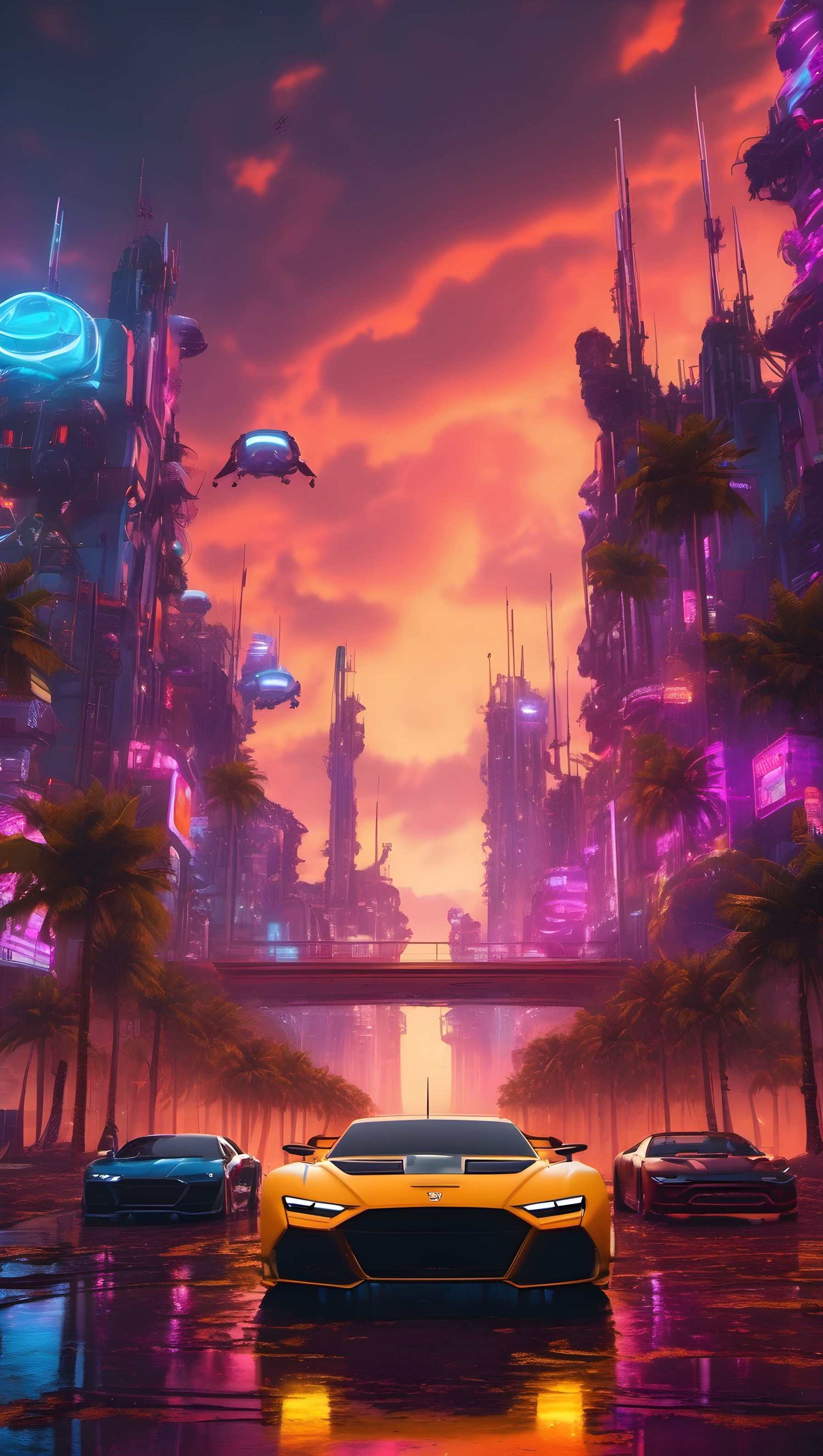 Futuristic City Sunset: Neon Cars & Cyberpunk Vibes, futuristic city, cyberpunk, neon lights, synthwave, sci-fi art, sports cars