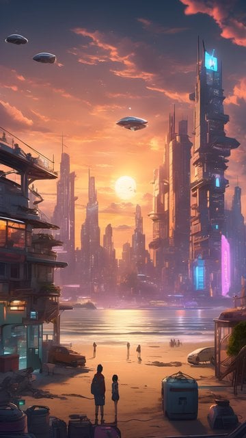 Cyberpunk Beach Sunset: Futuristic City & UFOs