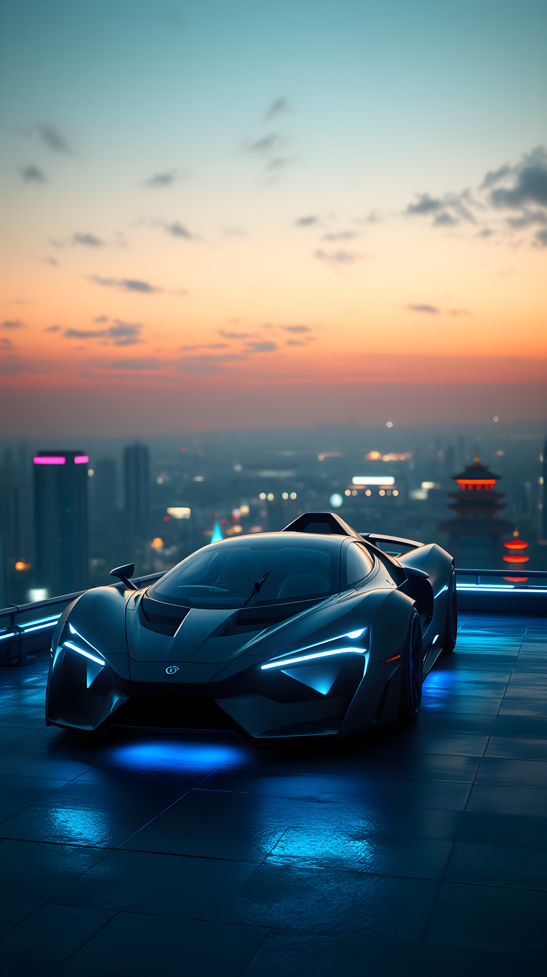 Glowing Supercar City Sunset Aesthetic Wallpaper, supercar, futuristic, electric blue, glowing lights, cityscape, sunset