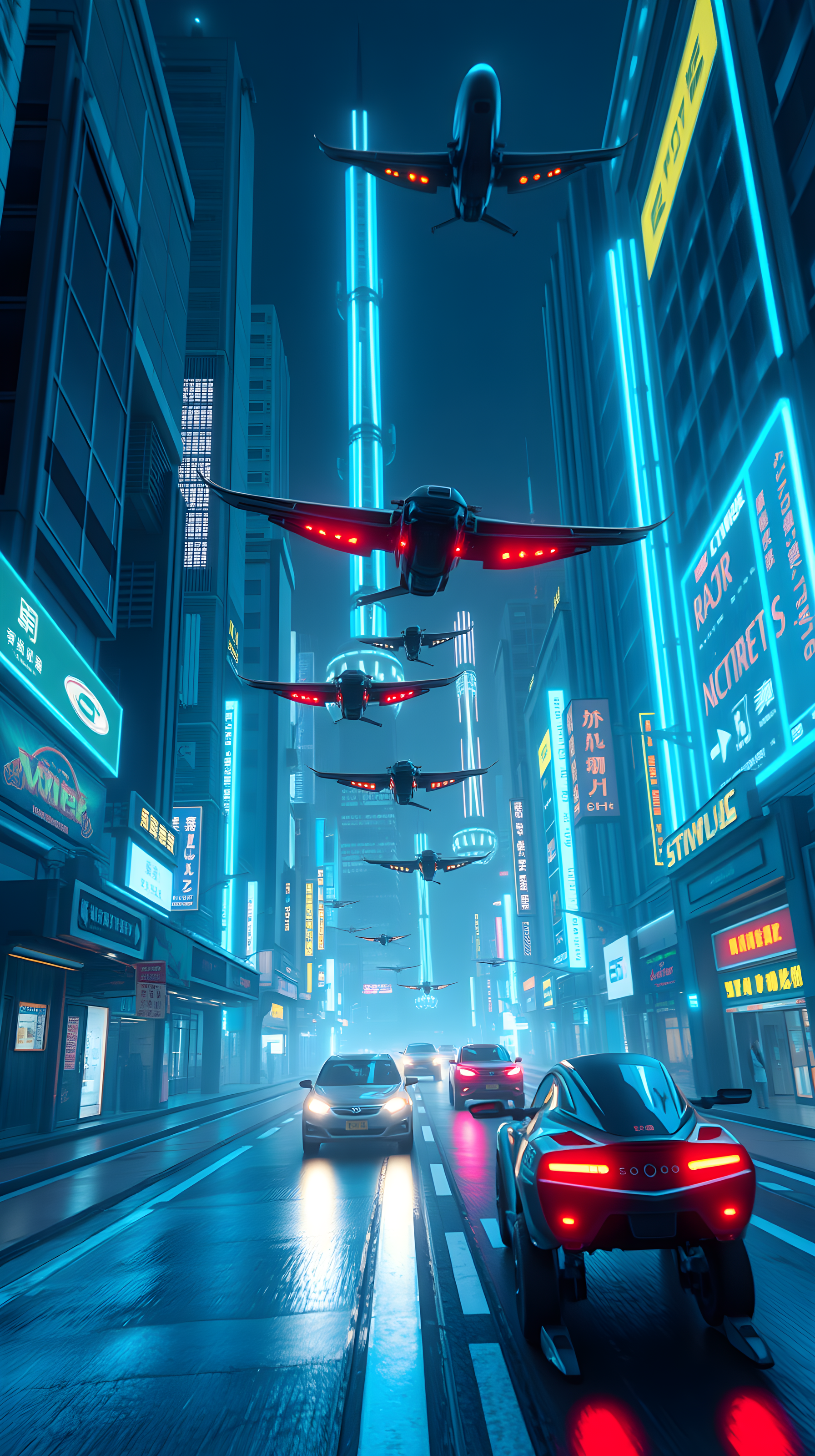 Cyberpunk City Night: Neon Glow & Flying Vehicles, cyberpunk, futuristic, cityscape, neon lights, flying cars, sci-fi
