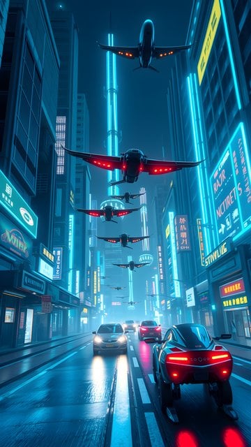 Cyberpunk City Night: Neon Glow & Flying Vehicles