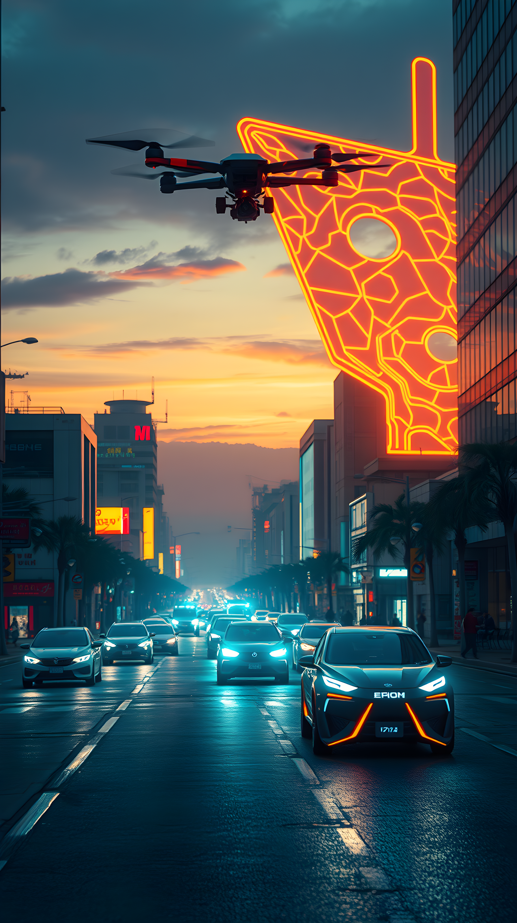 Futuristic Cyberpunk City Sunset with Drone & Neon, futuristic city, cyberpunk, urban street, drone, neon lights, sunset