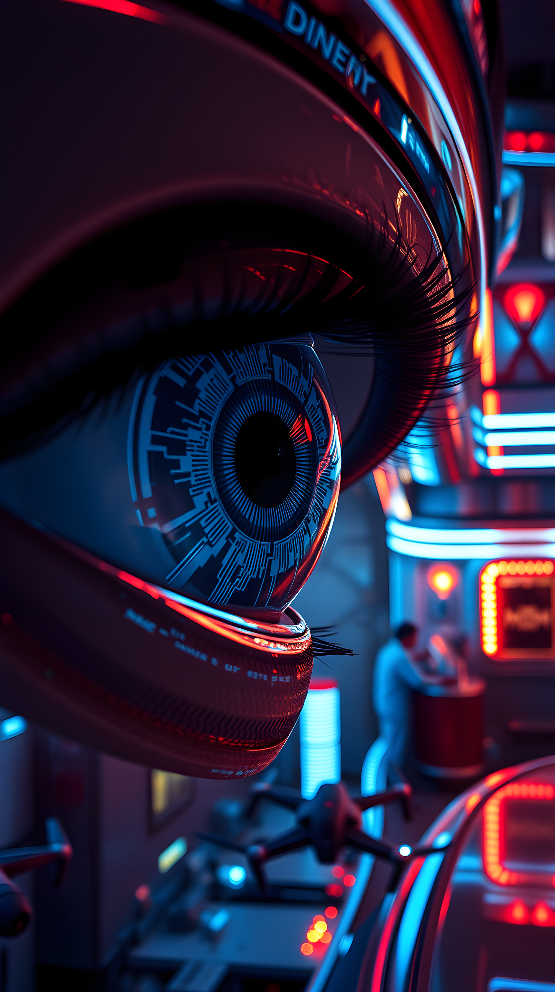 Cybernetic Eye Neon Sci-Fi Wallpaper, cybernetic eye, sci-fi, cyberpunk, futuristic, neon lights, red and blue