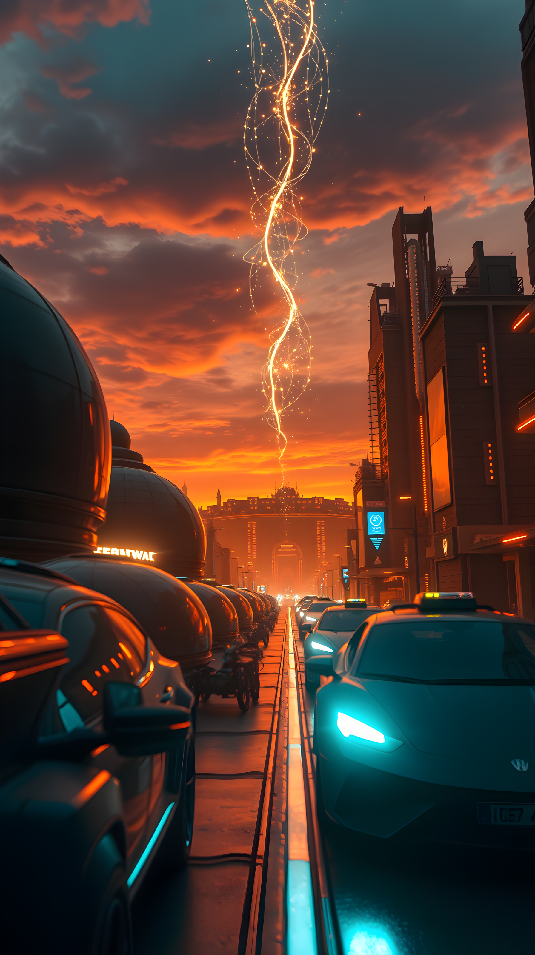 Dramatic Cyberpunk Street at Sunset with Electric Swirl, cyberpunk, futuristic city, sunset, neon lights, electric, sci-fi