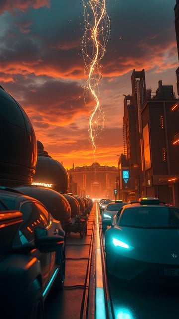 Dramatic Cyberpunk Street at Sunset with Electric Swirl