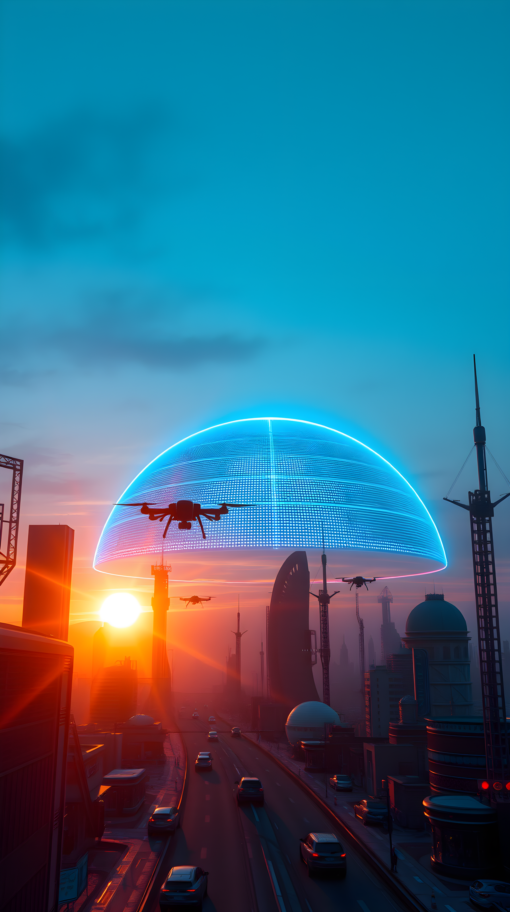 Vibrant Sci-Fi City Sunset with Drones and Holographic Dome, futuristic city, sci-fi, sunset, drones, holographic shield, vibrant