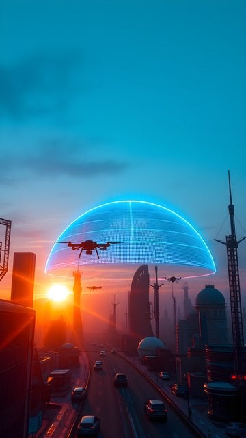 Vibrant Sci-Fi City Sunset with Drones and Holographic Dome