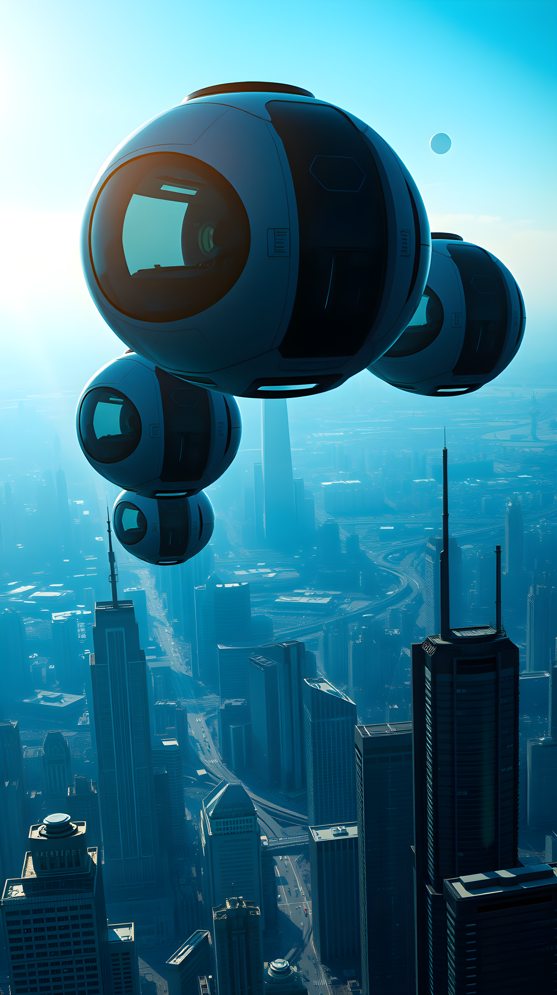Futuristic Flying Pods Over Blue Metropolis, futuristic, sci-fi, metropolis, city, skyline, flying vehicle