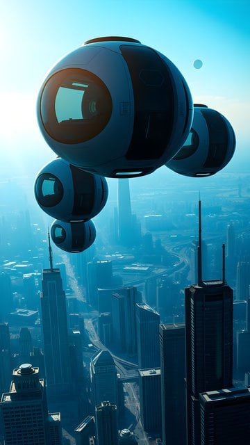 Futuristic Flying Pods Over Blue Metropolis