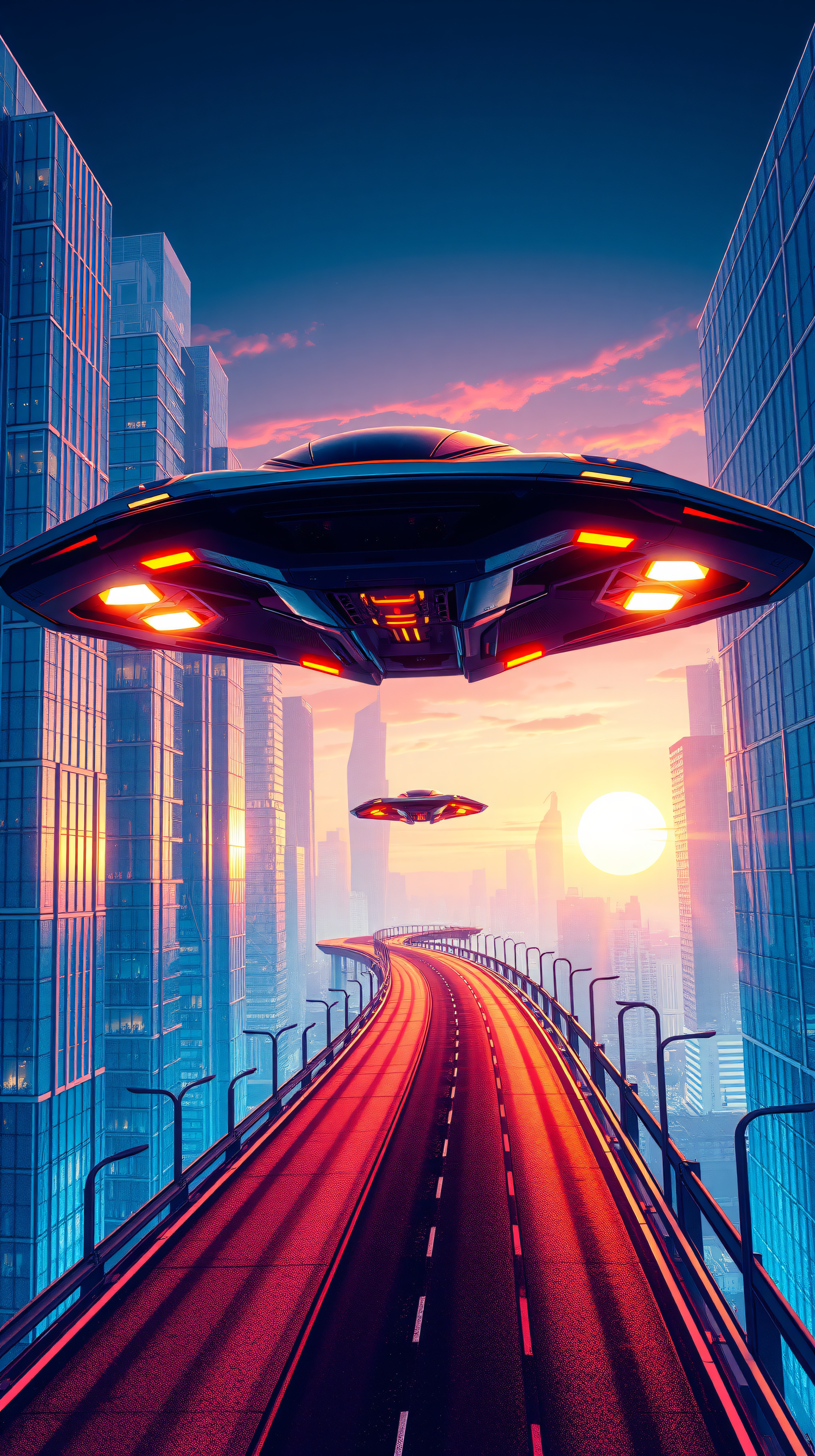 Vibrant Sci-Fi City Sunset with Flying UFOs & Elevated Road, futuristic city, sci-fi, ufo, flying saucer, cyberpunk, sunset