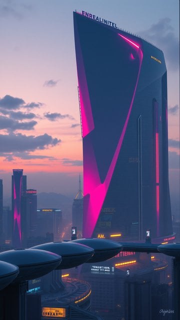 Neon Cyberpunk Skyscraper Cityscape Sunset