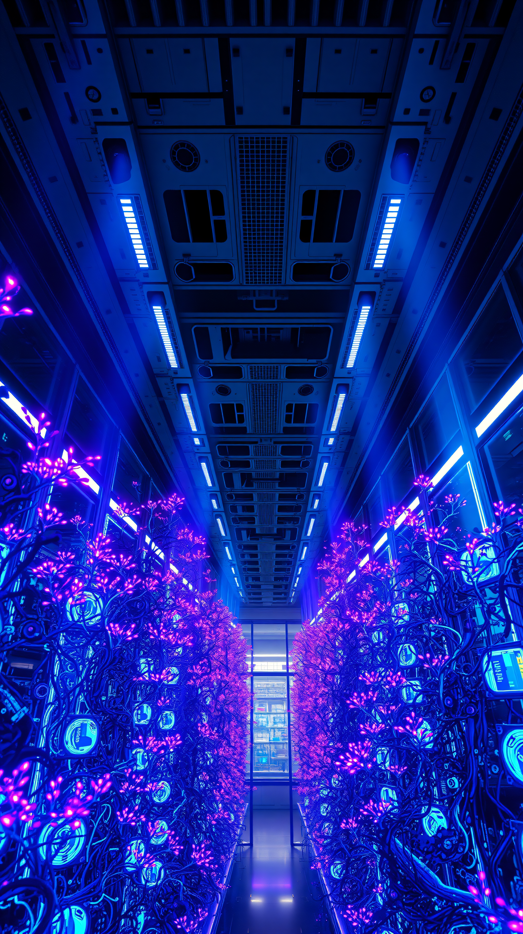 Neon Cyber Garden Corridor, Futuristic Tech, futuristic, cyberpunk, neon, glowing plants, tech, digital art