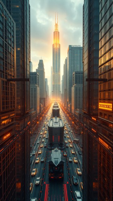 Futuristic City Street Skyscraper at Dawn