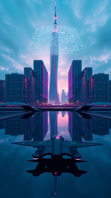 Neon Future City Reflection Wallpaper