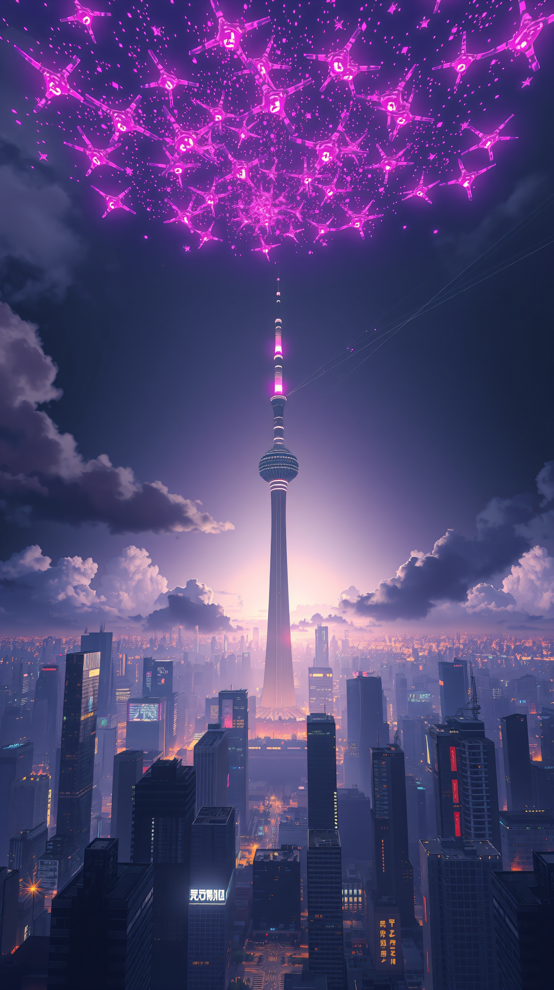 Futuristic Cityscape with Glowing Drones at Twilight, futuristic, cityscape, sci-fi, cyberpunk, neon, purple
