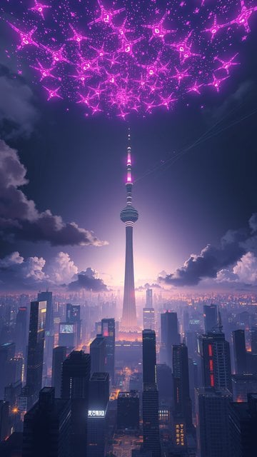 Futuristic Cityscape with Glowing Drones at Twilight