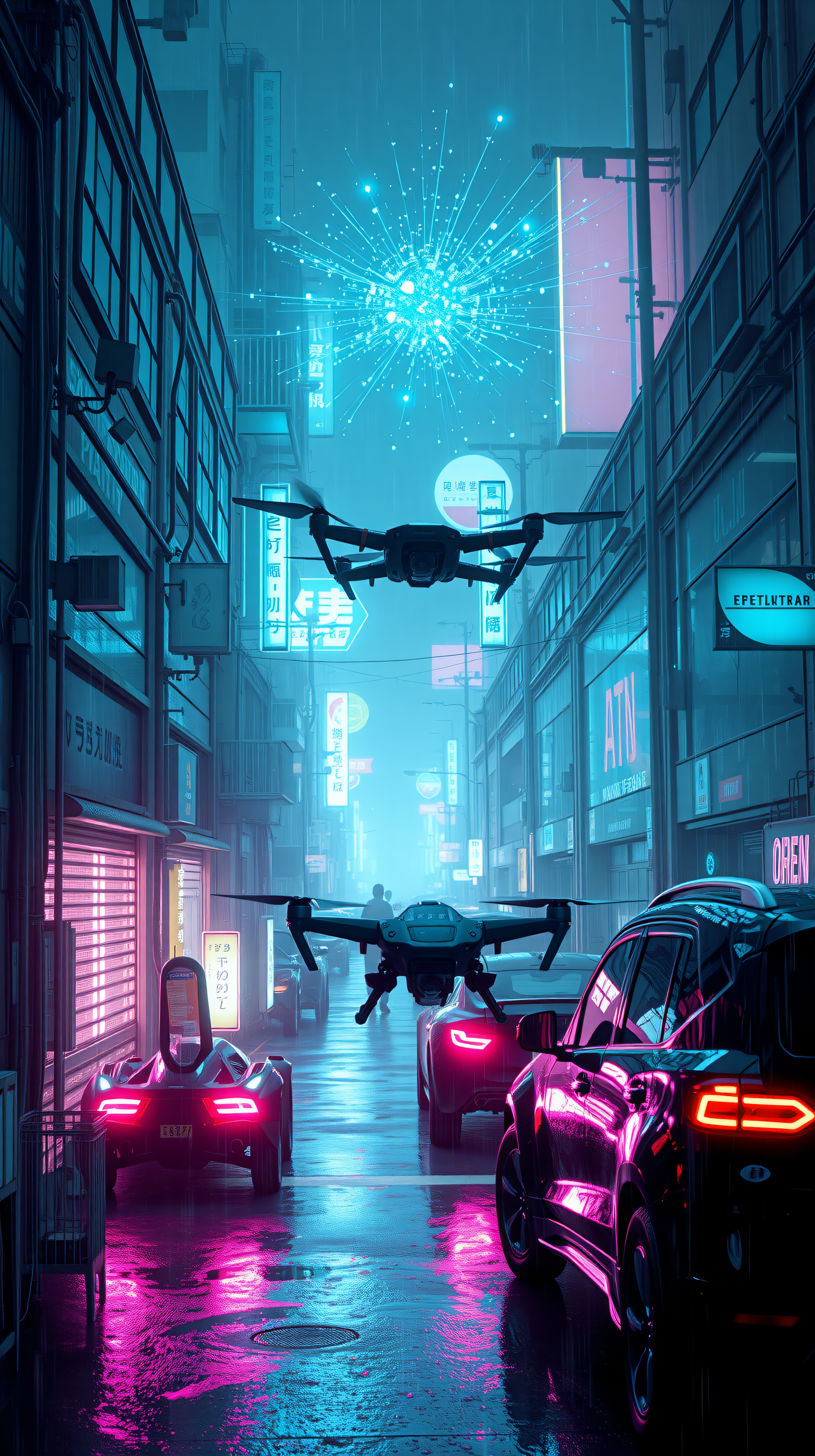 Cyberpunk Neon City Rain Drones 9:16 Wallpaper, cyberpunk, neon city, rainy street, futuristic drones, sci-fi, urban aesthetic