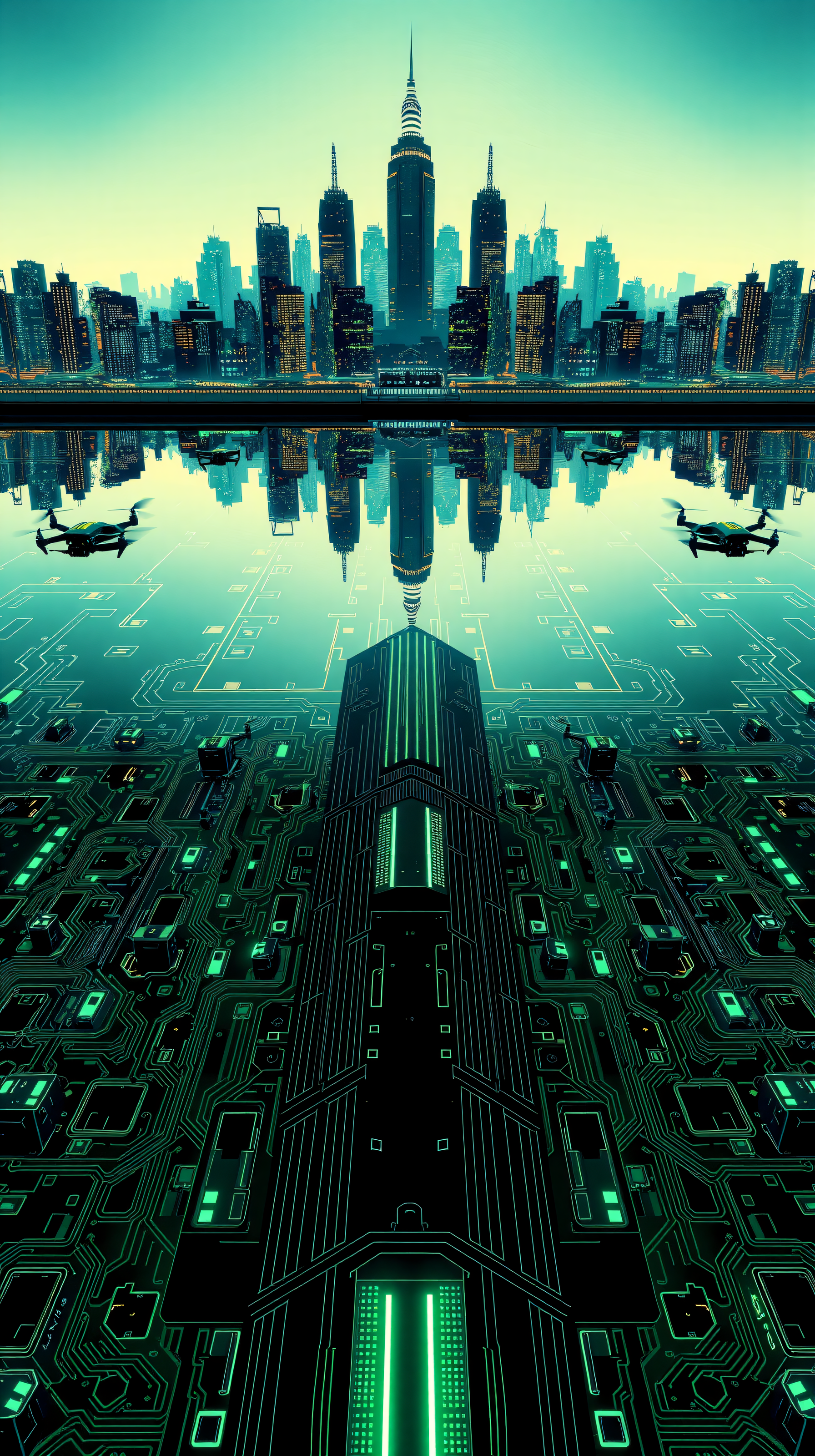 Neon Cyber City Reflection with Drones Wallpaper, cyber city, futuristic, neon, circuit board, reflection, drones