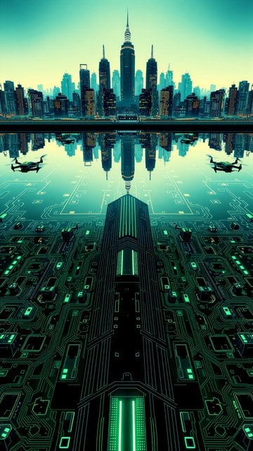Neon Cyber City Reflection with Drones Wallpaper