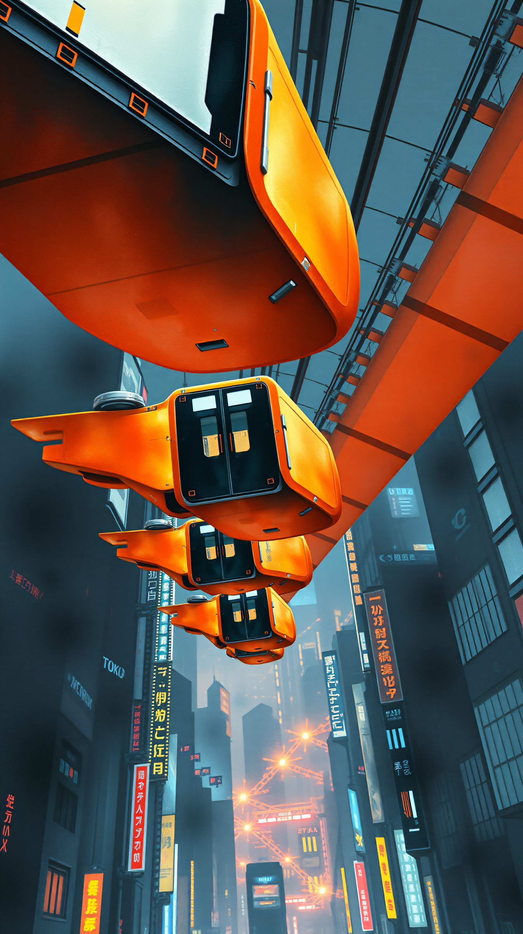 Futuristic Orange Sky Trains Over Neon Cyberpunk City, futuristic, cyberpunk, orange, city, sky train, neon