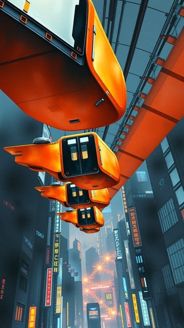 Futuristic Orange Sky Trains Over Neon Cyberpunk City