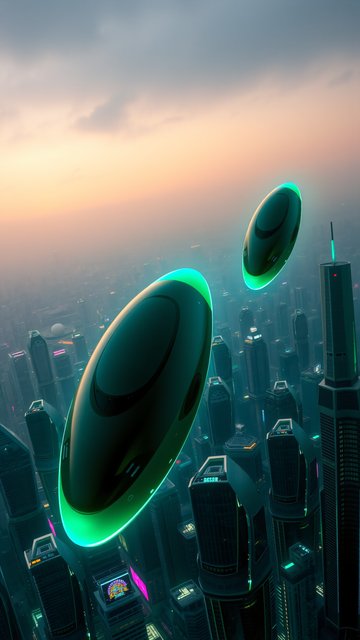 Sleek Future City: Neon Green Flying Pods Wallpaper