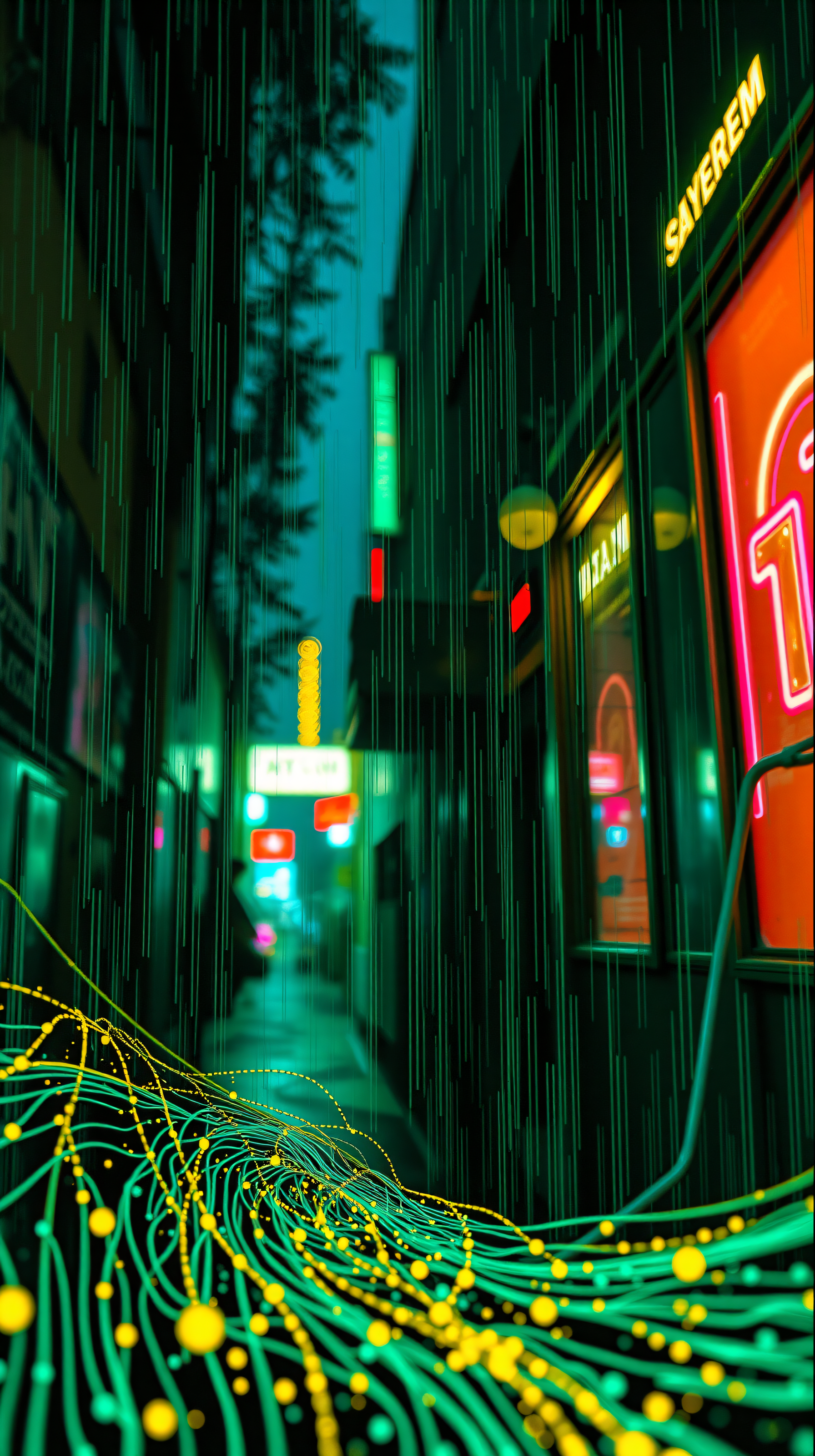 Cyberpunk Neon Alley Rain with Data Flow, cyberpunk, neon, alley, rain, digital art, futuristic