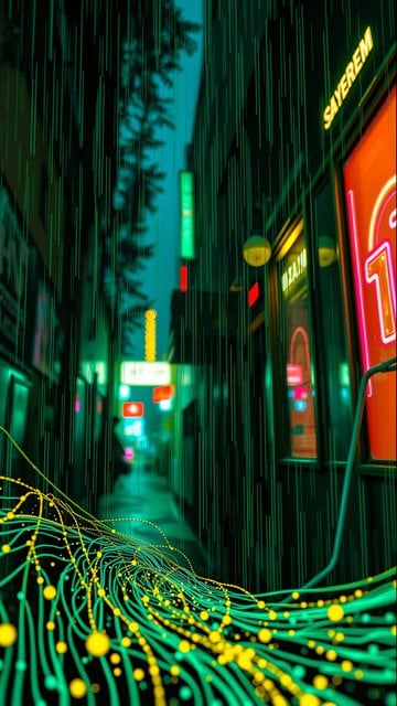 Cyberpunk Neon Alley Rain with Data Flow
