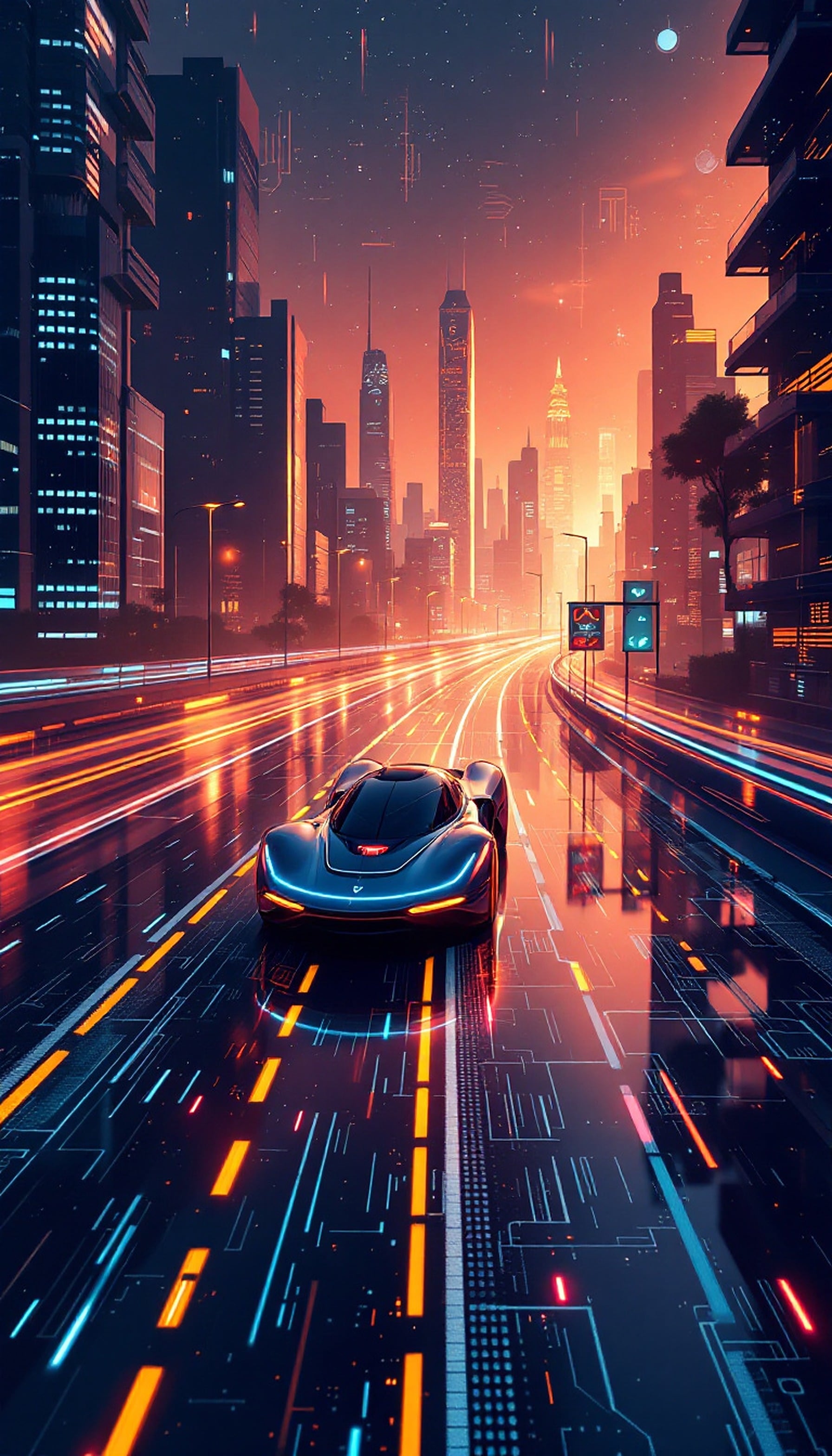 Futuristic Car on Neon City Highway Sunset, futuristic car, cyberpunk city, neon highway, sunset, scifi, cityscape