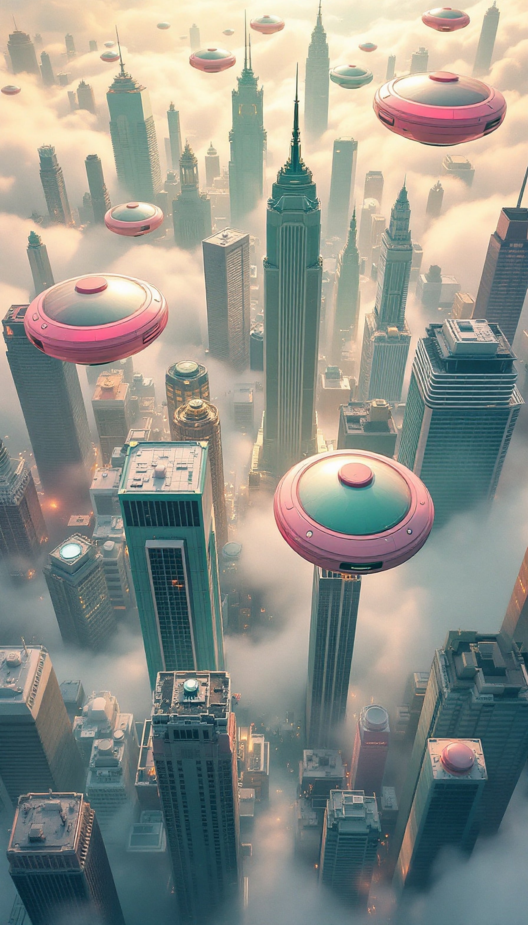 Futuristic City Above Clouds with UFOs, futuristic city, ufo wallpaper, sci-fi cityscape, clouds, pink ufo, teal buildings