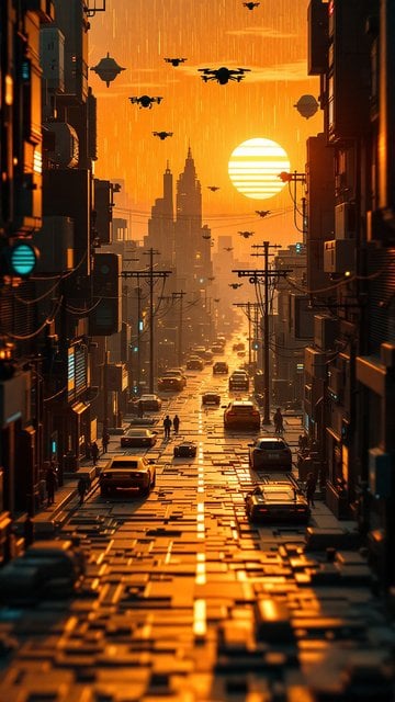 Futuristic City Sunset with Drones & Cyber Road