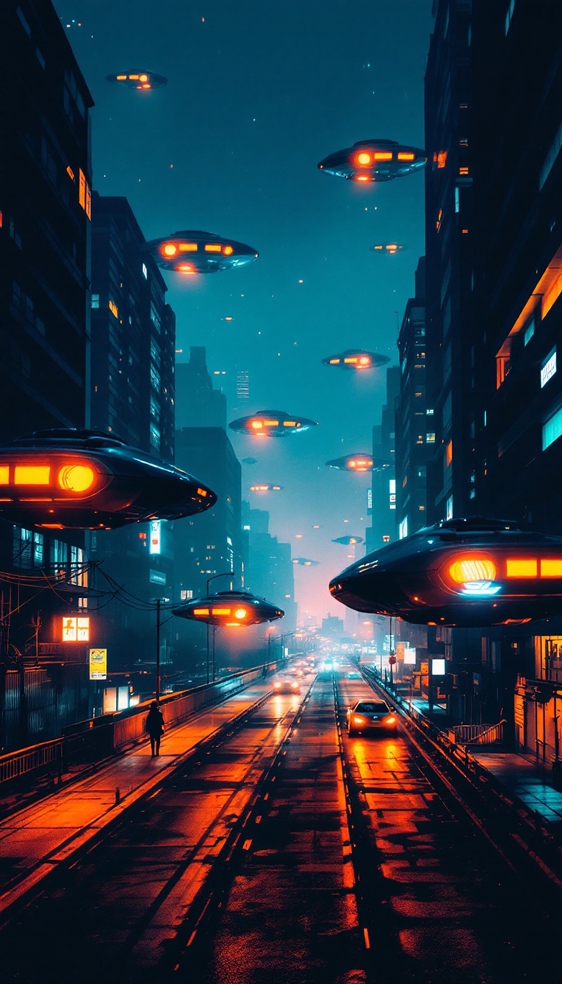 Vibrant Neon Future City UFOs Wallpaper, future city, ufo, neon lights, cyberpunk, sci-fi, vibrant