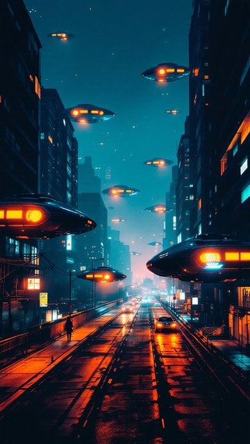 Vibrant Neon Future City UFOs Wallpaper