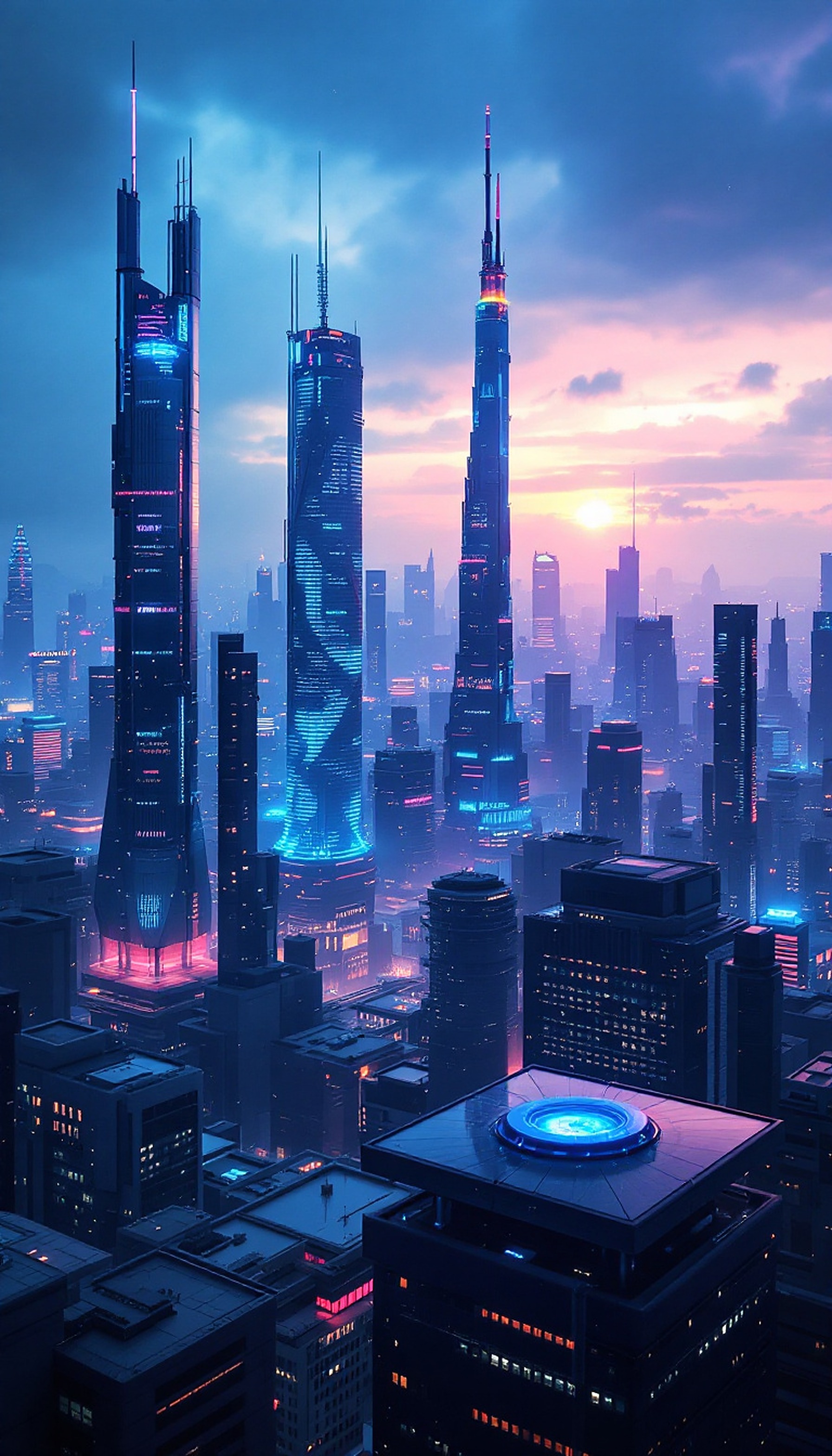 Neon Futuristic City Sunset Skyline Wallpaper, futuristic city, neon lights, cyberpunk, cityscape, sunset, skyline