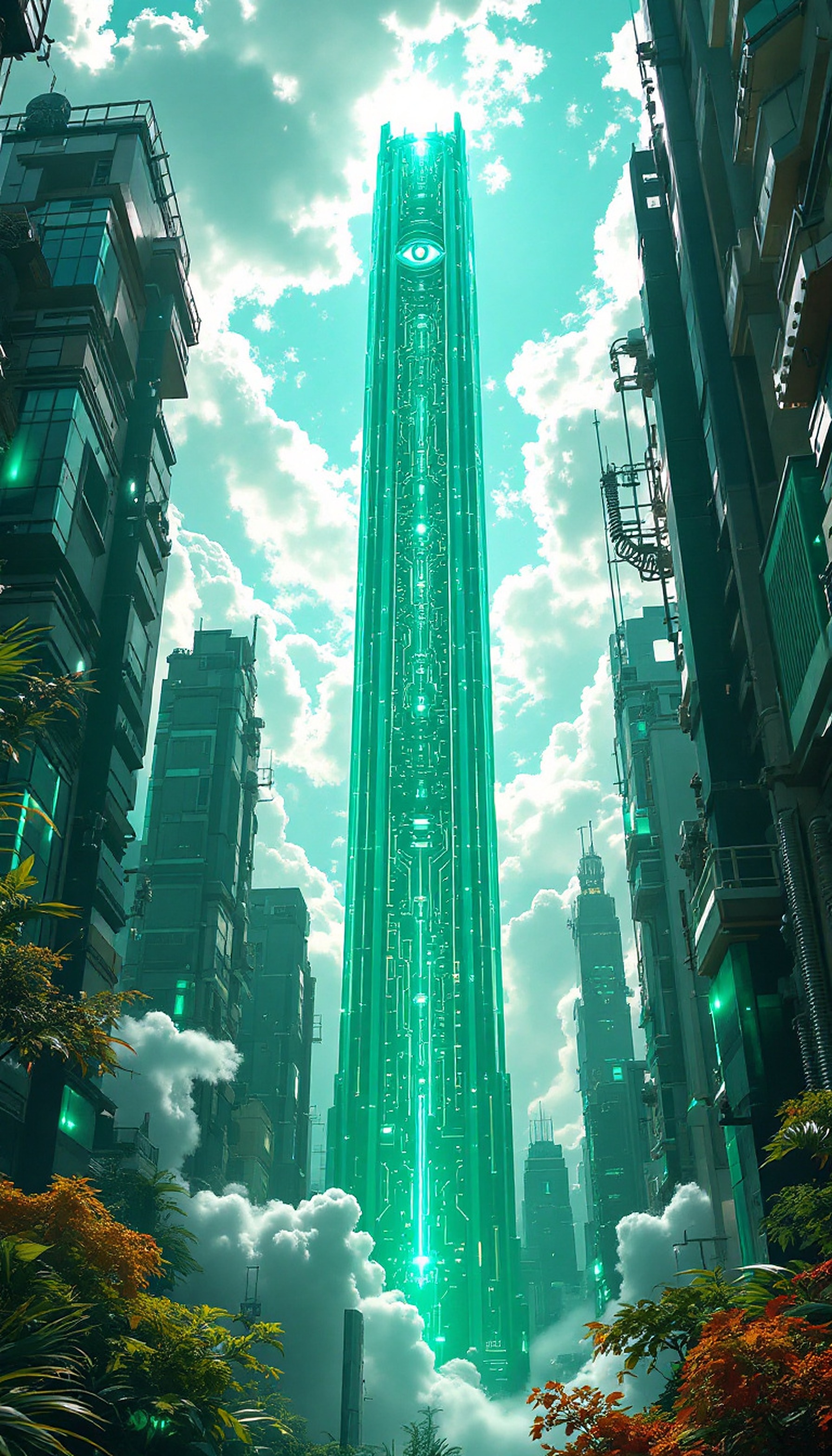 Futuristic Sci-Fi City with Emerald Tower Eye, futuristic city, sci-fi wallpaper, emerald tower, glowing circuits, cyberpunk aesthetic, urban landscape