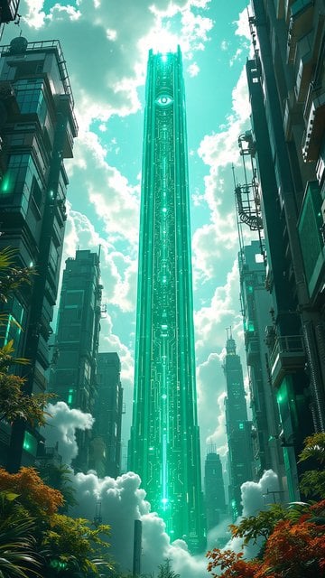 Futuristic Sci-Fi City with Emerald Tower Eye