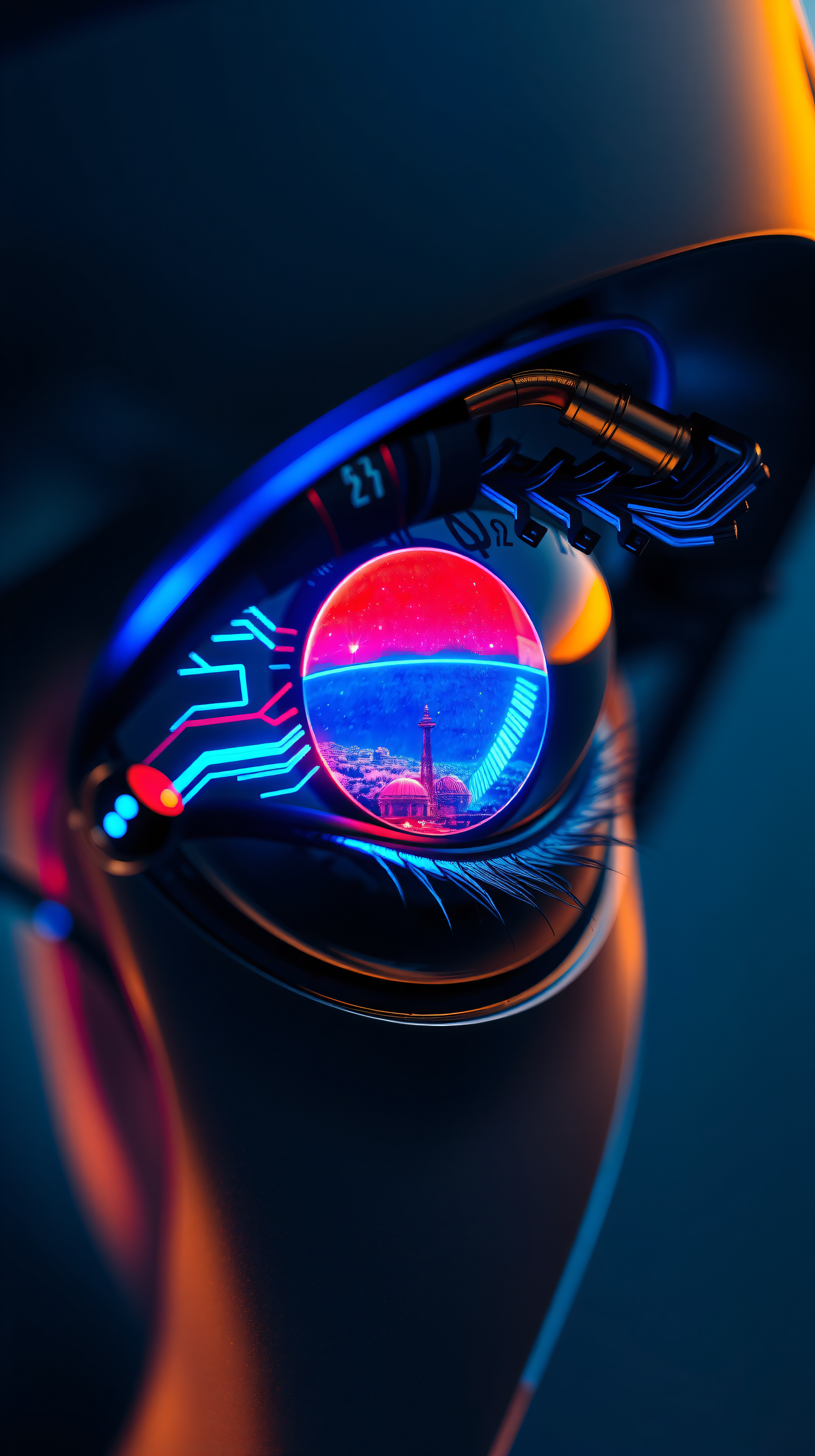 Futuristic Cybernetic Eye City Reflection Wallpaper, cybernetic eye, futuristic, sci-fi, neon, city reflection, digital art