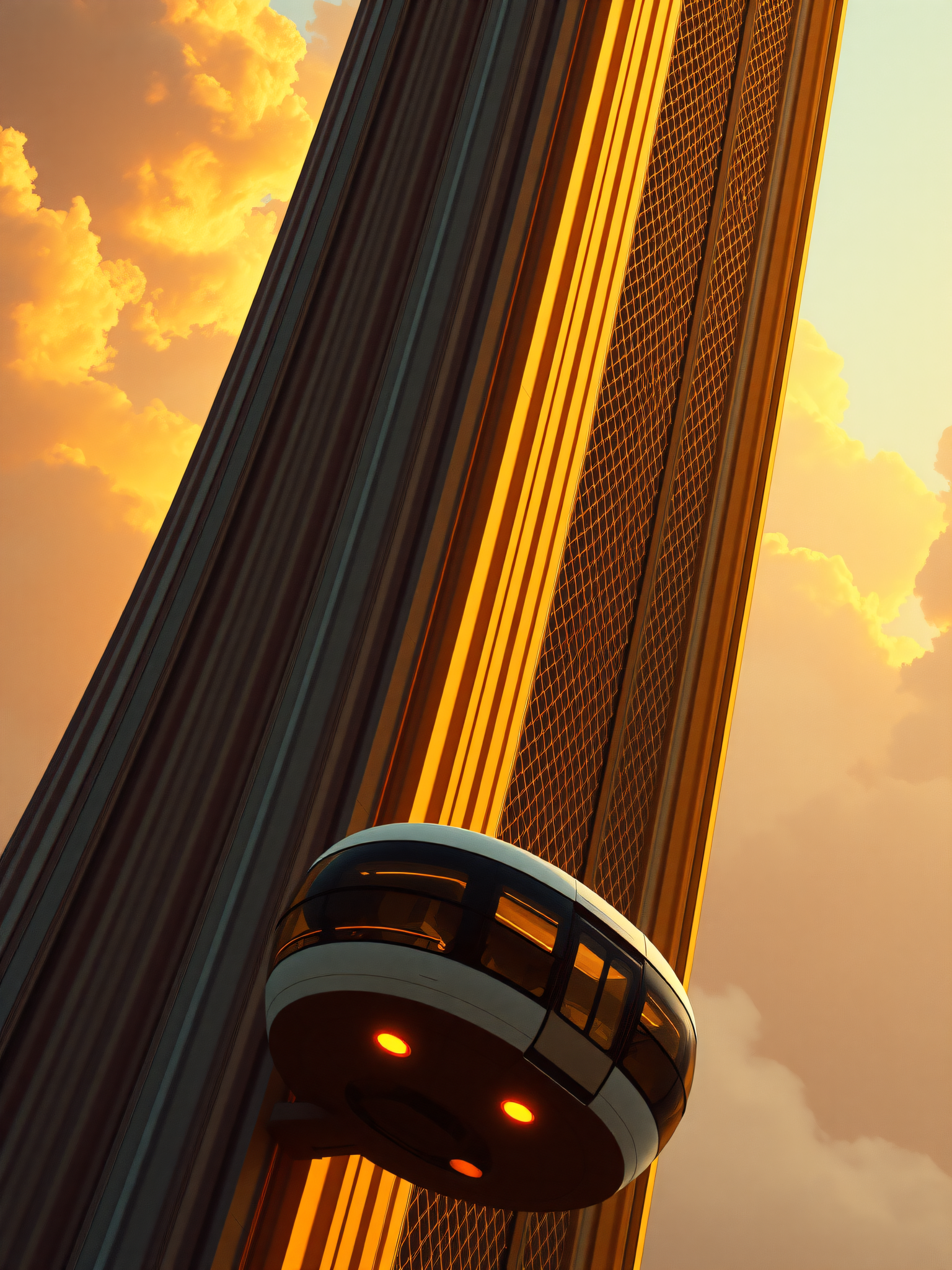 Futuristic Skyscraper Elevator Sunset View, futuristic, skyscraper, elevator, sunset, golden hour, cityscape