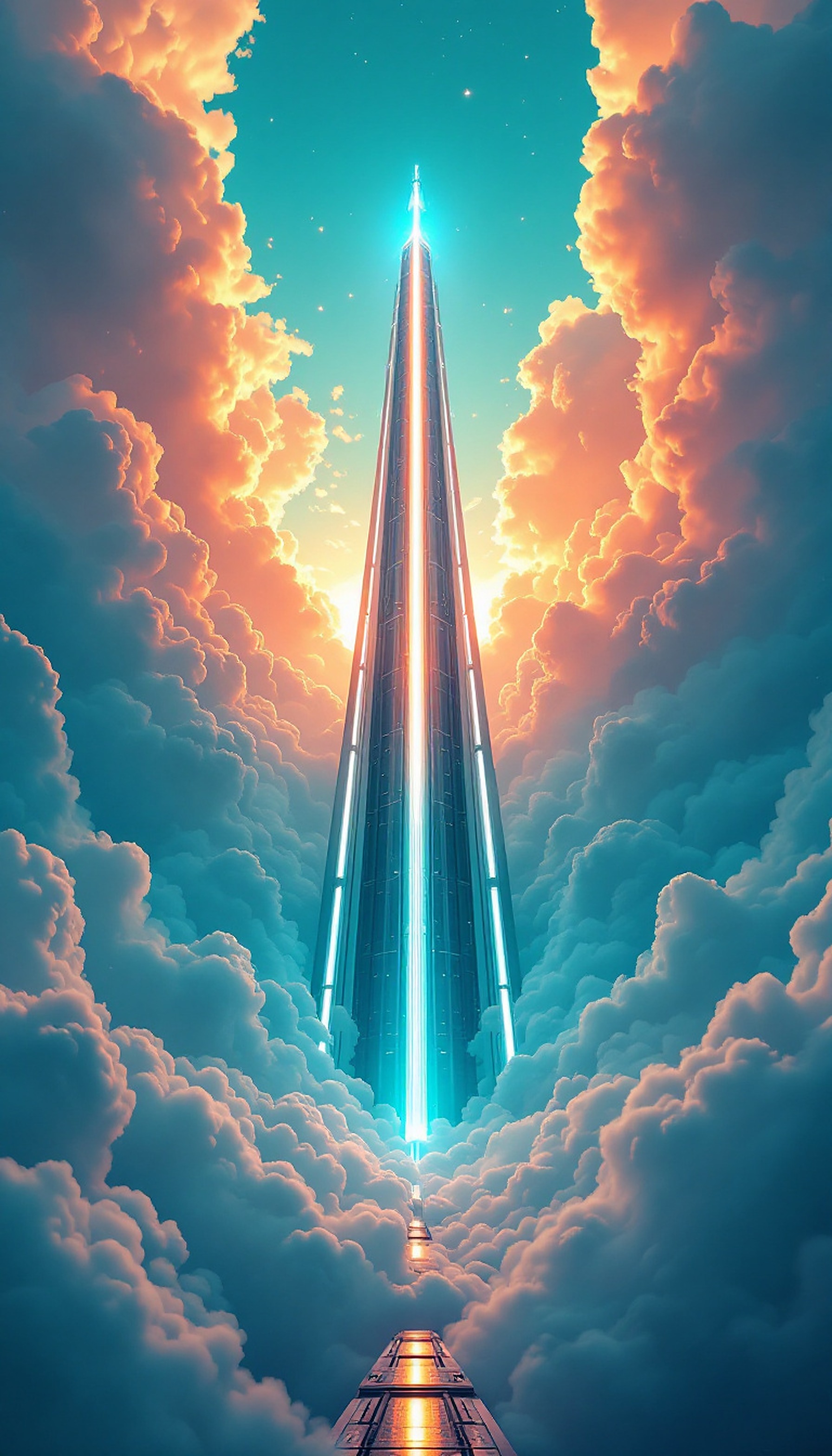 Futuristic Sky Tower Ascent Through Clouds, futuristic, sky tower, clouds, sci-fi, fantasy, glowing