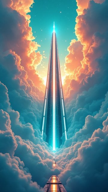 Futuristic Sky Tower Ascent Through Clouds